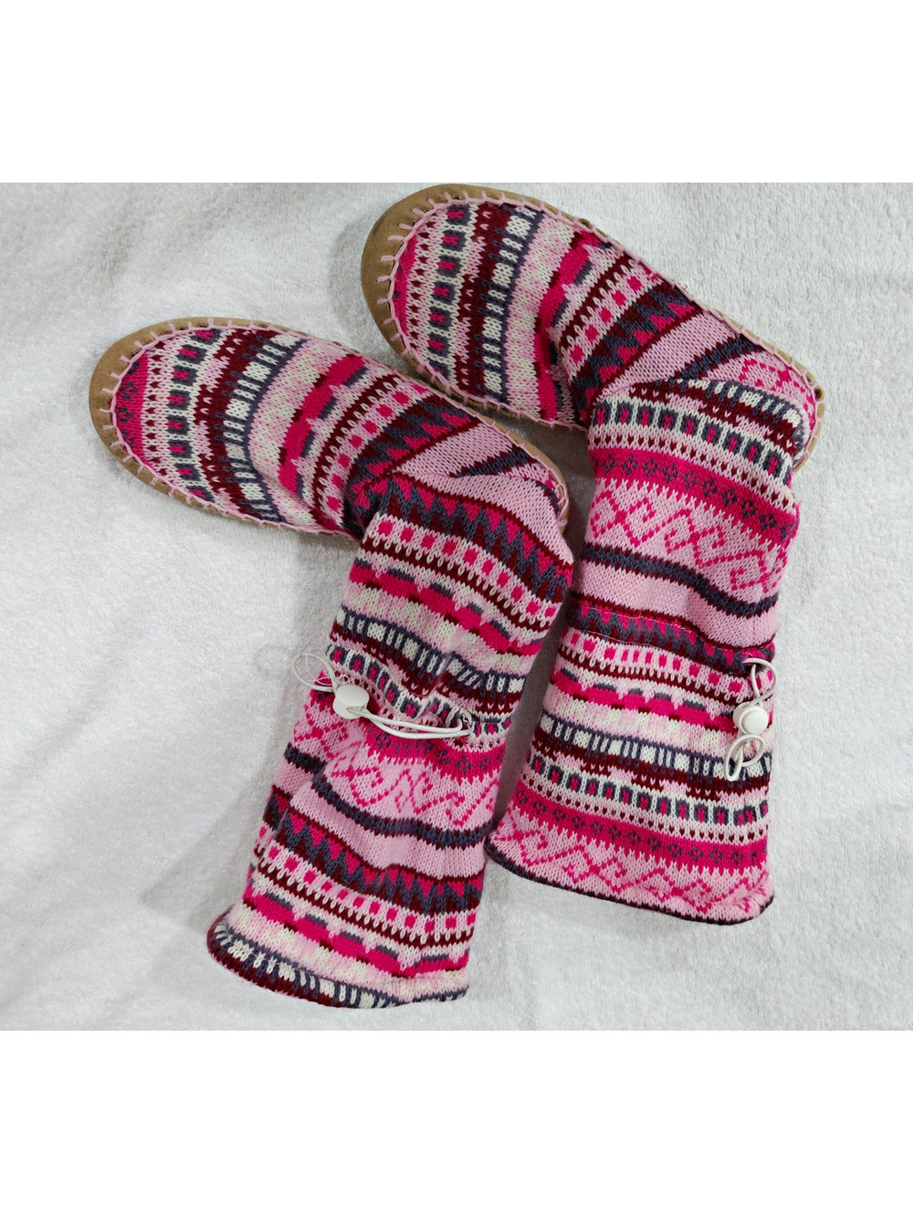 Muk Luks Fair Isle Knit Bootie Slipper Socks Lined Non-Slip Pink Women’s 8